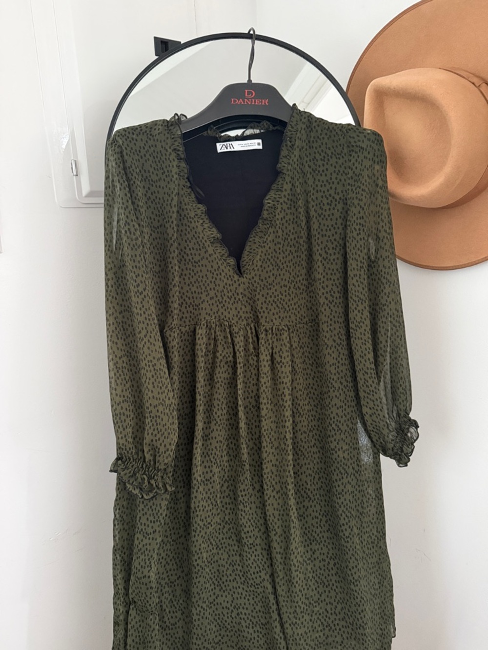 Zara Olive Green Printed V-Neck Smock Dress